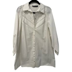 Zara White Large Boxy Button Down Shirt Dress 3/4 Sleeve Floral Lace